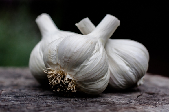 two heads of garlic sit on a wood surface
