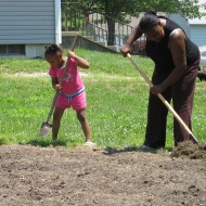 a child and adult prepare a garden bed with hoes